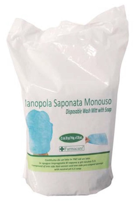 farmacare manopola monouso per lavaggi parziali composta da una spugna in poliestere saponata e da un drappo in tessuto non tessuto senza risciacquo detergente a ph isocutaneo farmacare