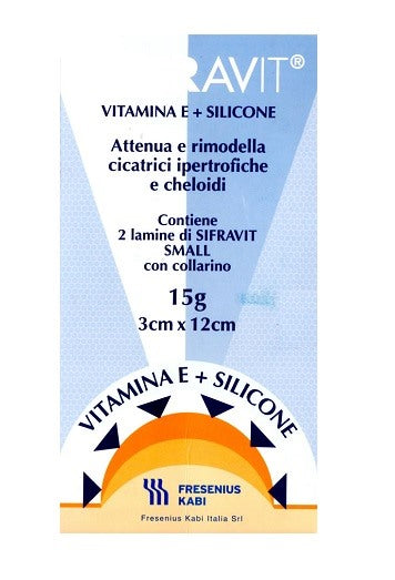 fresenius kabi italia placca in silicone e vitamina e sifravit dimensioni 3x12cm indicata nel trattamento di cheloidi e cicatrici ipertrofiche conseguenti ad interventi chirurgici ustioni e ferite