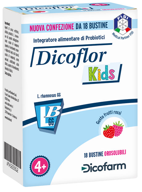dicofarm dicoflor kids 18 bustine orosolubili gusto frutti rossi dicoflor