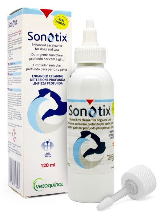 vetoquinol sonotix detergente auricolare profondo cani e gatti 120 ml cannula corta rigida cannula lunga flessibile ean 3605874646483