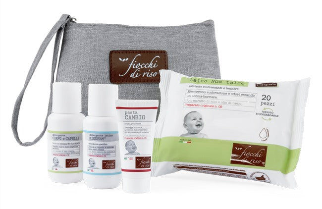 artsana fiocchi di riso cofanetto bebe pasta cambio 15 ml detergente corpo e capelli talco 50 ml detergente intimo mioderm 50 ml 20 salviette talco non talco pochette artsana ean 8058664172207