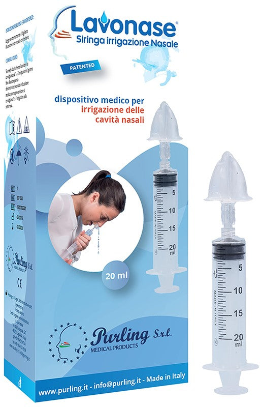purling international lavonase irrigazione nasale non sterile siringa 20 ml luer lock con cappuccio ugello nasale con raccordo luer lock perforatore con valvola non ritorno con tappo lavonase ean 8054609194259