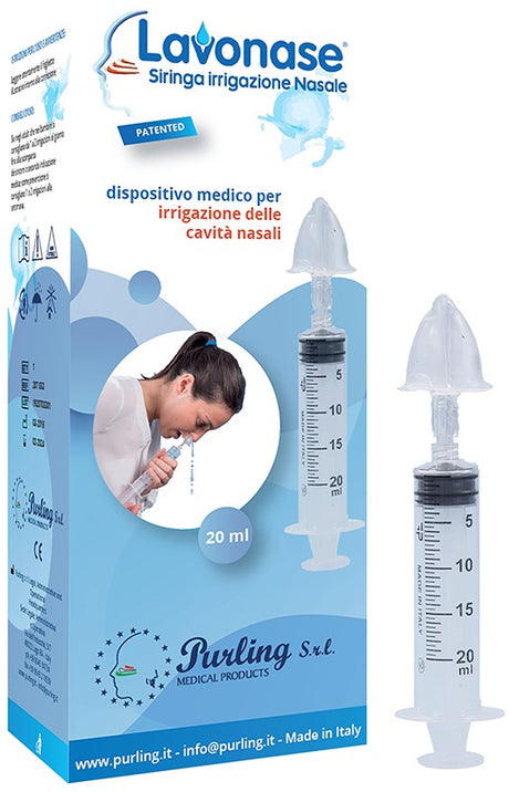purling international lavonase irrigazione nasale non sterile siringa 20 ml luer lock con cappuccio ugello nasale con raccordo luer lock perforatore con valvola non ritorno con tappo lavonase ean 8054609194259