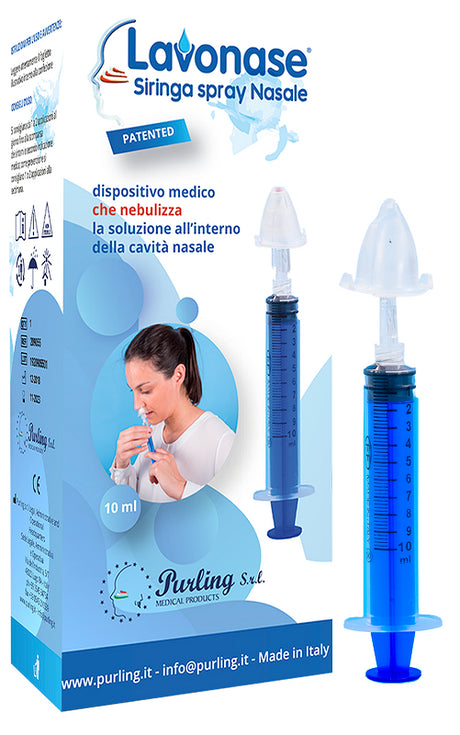 purling international lavonase siringa spray nasale non sterile 10 ml luer lock con cappuccio ugello nasale con raccordo luer lock perforatore con valvola non ritorno con tappo lavonase ean 8054609194358