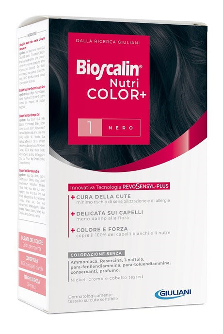 giuliani bioscalin nutricolor plus 1 nero crema colorante 40 ml rivelatore crema 60 ml shampoo 12 ml trattamento finale balsamo 12 ml bioscalin