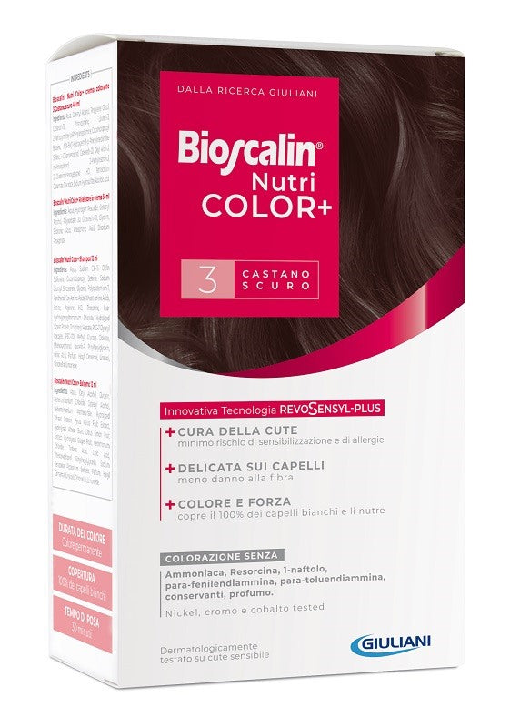 giuliani bioscalin nutricolor plus 3 castano scuro crema colorante 40 ml rivelatore crema 60 ml shampoo 12 ml trattamento finale balsamo 12 ml bioscalin