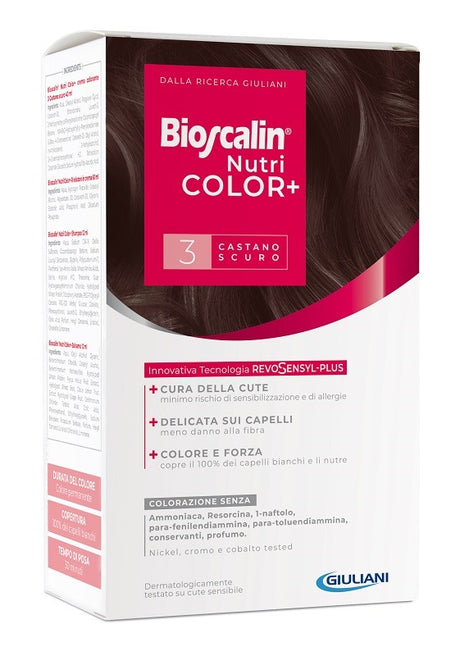 giuliani bioscalin nutricolor plus 3 castano scuro crema colorante 40 ml rivelatore crema 60 ml shampoo 12 ml trattamento finale balsamo 12 ml bioscalin