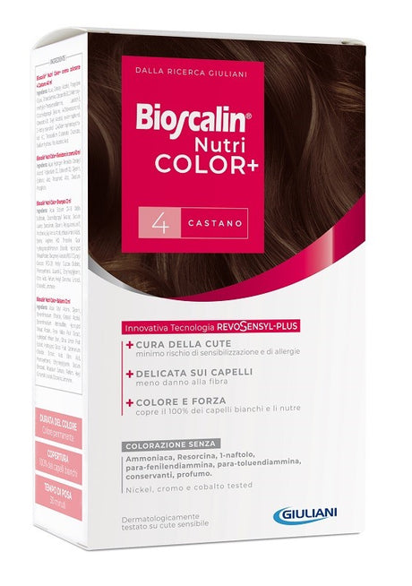 giuliani bioscalin nutricolor plus 4 castano crema colorante 40 ml rivelatore crema 60 ml shampoo 12 ml trattamento finale balsamo 12 ml bioscalin