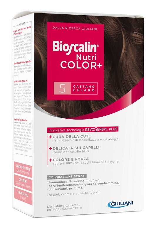giuliani bioscalin nutricolor plus 5 castano chiaro crema colorante 40 ml rivelatore crema 60 ml shampoo 12 ml trattamento finale balsamo 12 ml bioscalin