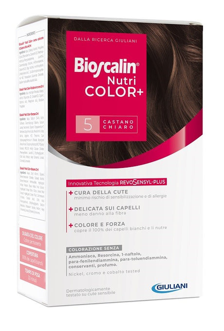 giuliani bioscalin nutricolor plus 5 castano chiaro crema colorante 40 ml rivelatore crema 60 ml shampoo 12 ml trattamento finale balsamo 12 ml bioscalin