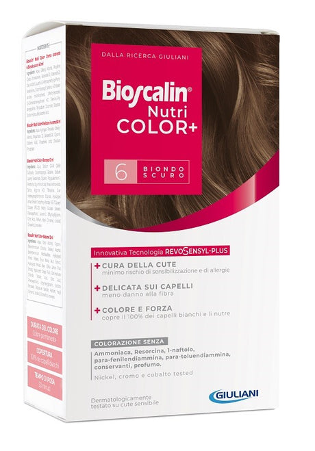 giuliani bioscalin nutricolor plus 6 biondo scuro crema colorante 40 ml rivelatore crema 60 ml shampoo 12 ml trattamento finale balsamo 12 ml bioscalin