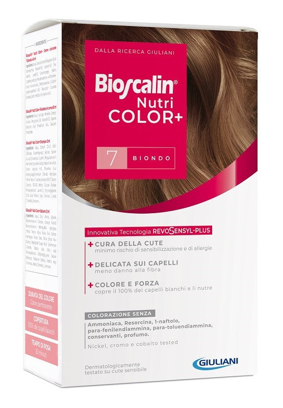 giuliani bioscalin nutricolor plus 7 biondo crema colorante 40 ml rivelatore crema 60 ml shampoo 12 ml trattamento finale balsamo 12 ml bioscalin