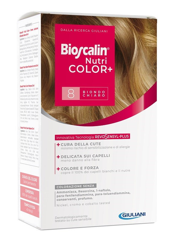 giuliani bioscalin nutricolor plus 8 biondo chiaro crema colorante 40 ml rivelatore crema 60 ml shampoo 12 ml trattamento finale balsamo 12 ml bioscalin