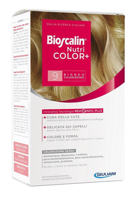 giuliani bioscalin nutricolor plus 9 biondo chiarissimo crema colorante 40 ml rivelatore crema 60 ml shampoo 12 ml trattamento finale balsamo 12 ml bioscalin