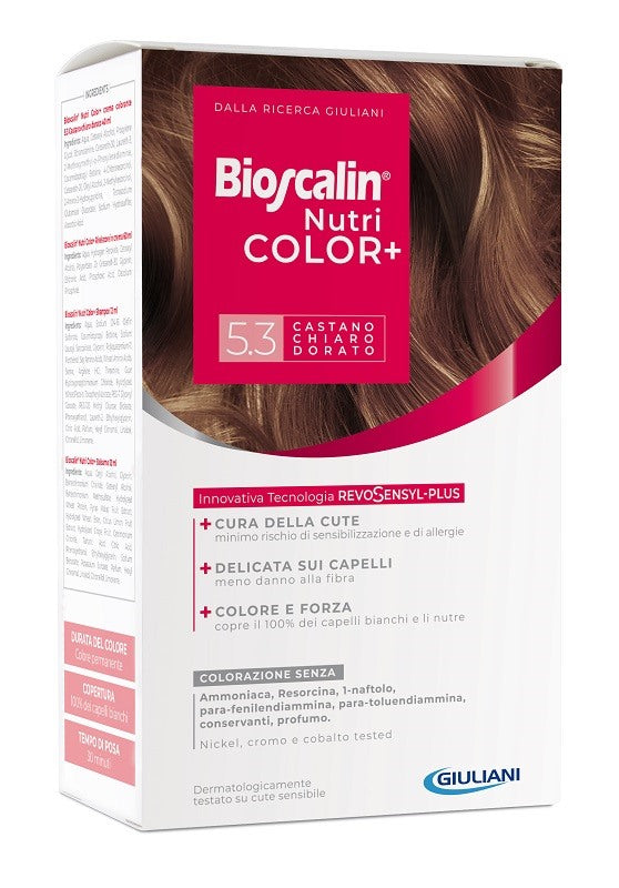giuliani bioscalin nutricolor plus 53 castano chiaro dorato crema colorante 40 ml rivelatore crema 60 ml shampoo 12 ml trattamento finale balsamo 12 ml bioscalin