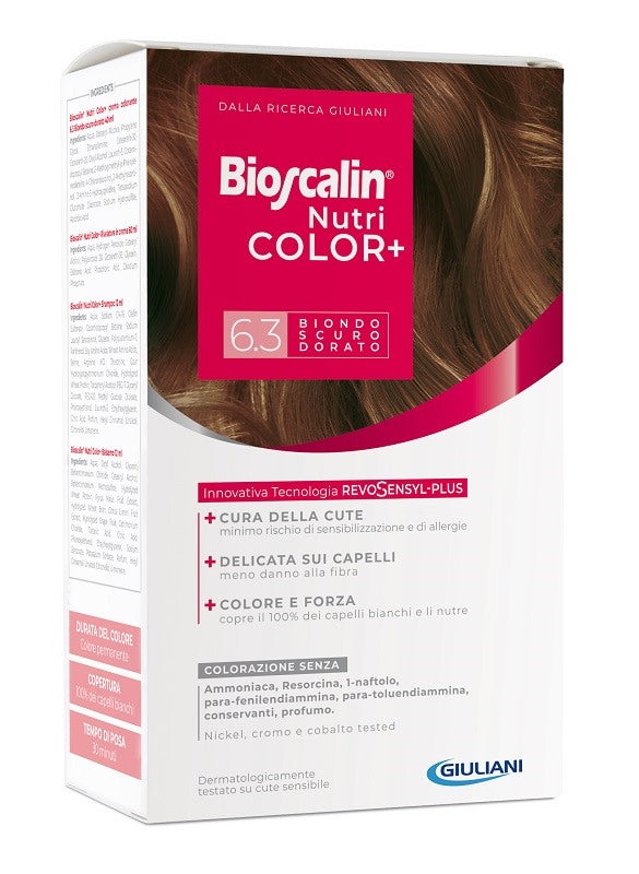 giuliani bioscalin nutricolor plus 63 biondo scuro dorato crema colorante 40 ml rivelatore crema 60 ml shampoo 12 ml trattamento finale balsamo 12 ml bioscalin