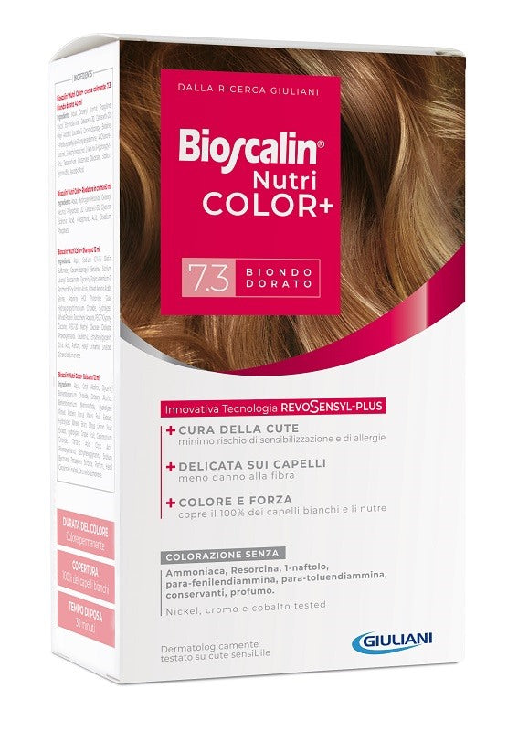 giuliani bioscalin nutricolor plus 73 biondo dorato crema colorante 40 ml rivelatore crema 60 ml shampoo 12 ml trattamento finale balsamo 12 ml bioscalin