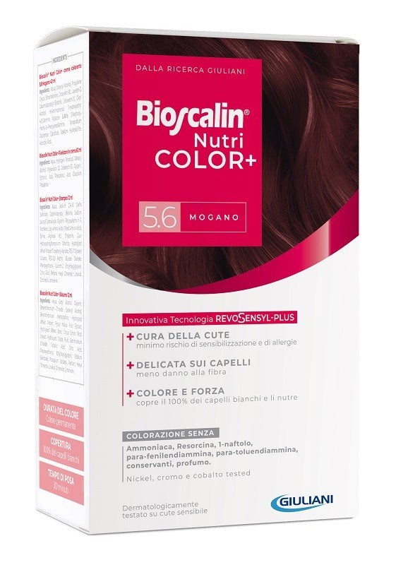 giuliani bioscalin nutricolor plus 56 mogano crema colorante 40 ml rivelatore crema 60 ml shampoo 12 ml trattamento finale balsamo 12 ml bioscalin