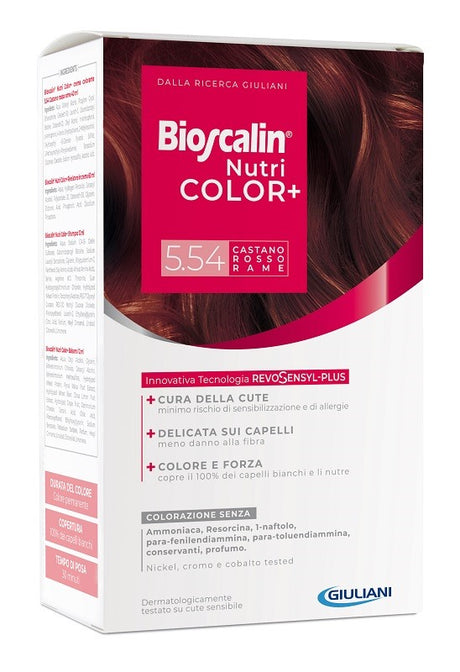 giuliani bioscalin nutricolor plus 554 castano rosso rame crema colorante 40 ml rivelatore crema 60 ml shampoo 12 ml trattamento finale balsamo 12 ml bioscalin