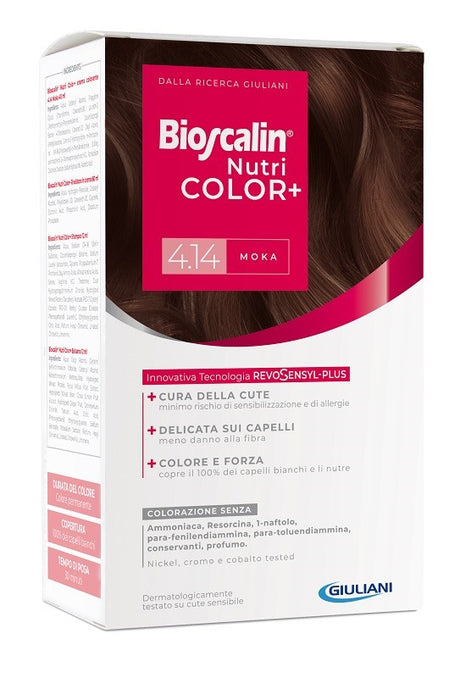giuliani bioscalin nutricolor plus 414 moka crema colorante 40 ml rivelatore crema 60 ml shampoo 12 ml trattamento finale balsamo 12 ml bioscalin