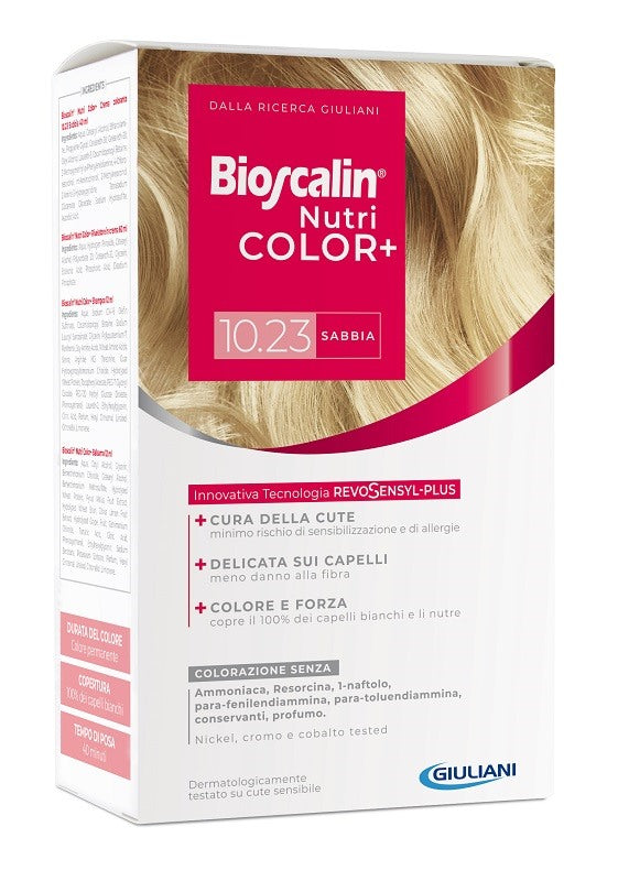 giuliani bioscalin nutricolor plus 1023 sabbia crema colorante 40 ml rivelatore crema 60 ml shampoo 12 ml trattamento finale balsamo 12 ml bioscalin