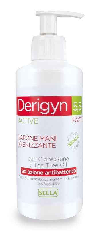 sella srl derigyn 55 active fast sapone mani e corpo igienizzante con clorexidina e tea tree oil ad azione antibatterica 300 ml derigyn ean 8032632602118