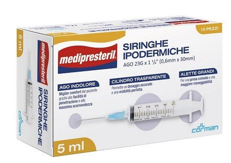 corman siringa ipodermica medipresteril ago 23 gauge 1 14 05x30mm 5 ml 10 pezzi medi presteril ean 8016867012522