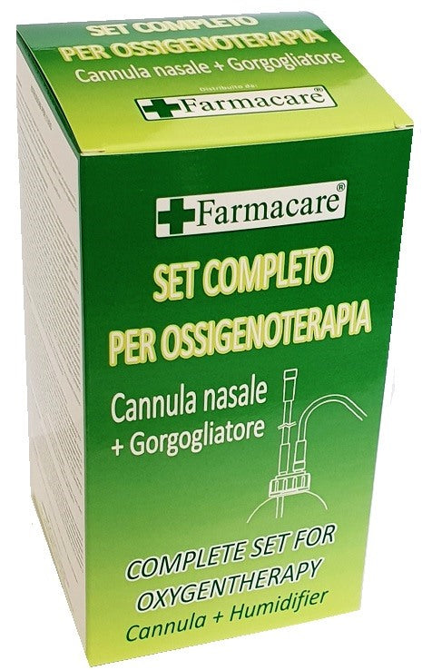 farmacare srl set per ossigenoterapia con sostegno a occhiale munito di tubo di collegamento flessibile antiotturamento ed un gorgogliatore per umidufucazione farmacare