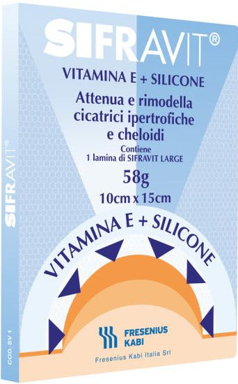 fresenius kabi italia placca in silicone e vitamina e sifravit dimensioni 15x10cm indicata nel trattamento di cheloidi e cicatrici ipertrofiche conseguenti ad interventi c hirurgici ustioni e ferite