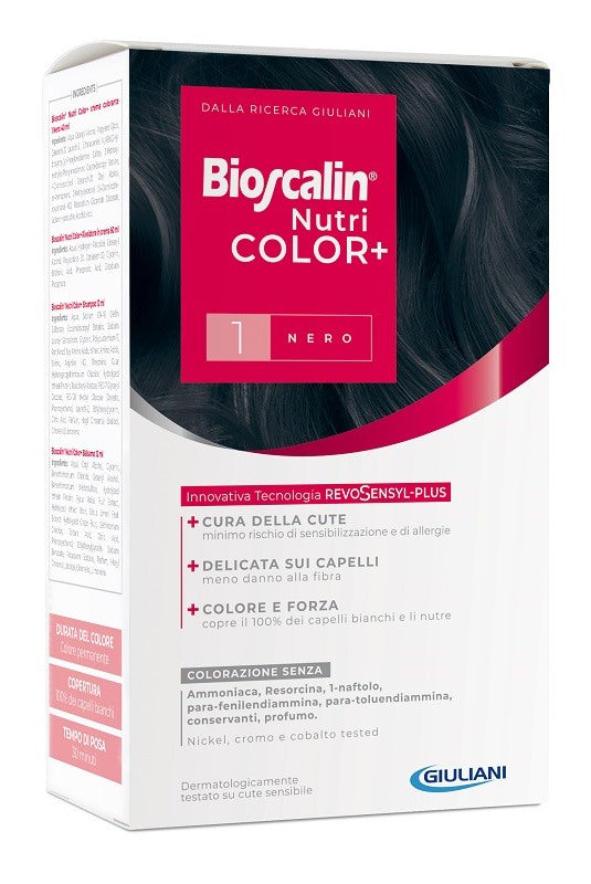 giuliani bioscalin nutricolor plus 1 nero crema colorante 40 ml rivelatore crema 60 ml shampoo 12 ml trattamento finale balsamo 12 ml bioscalin