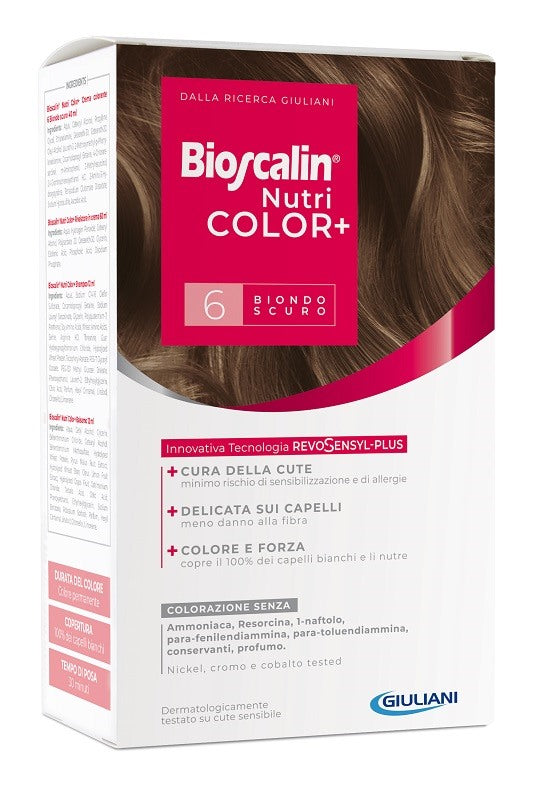 giuliani bioscalin nutricolor plus 6 biondo scuro crema colorante 40 ml rivelatore crema 60 ml shampoo 12 ml trattamento finale balsamo 12 ml bioscalin