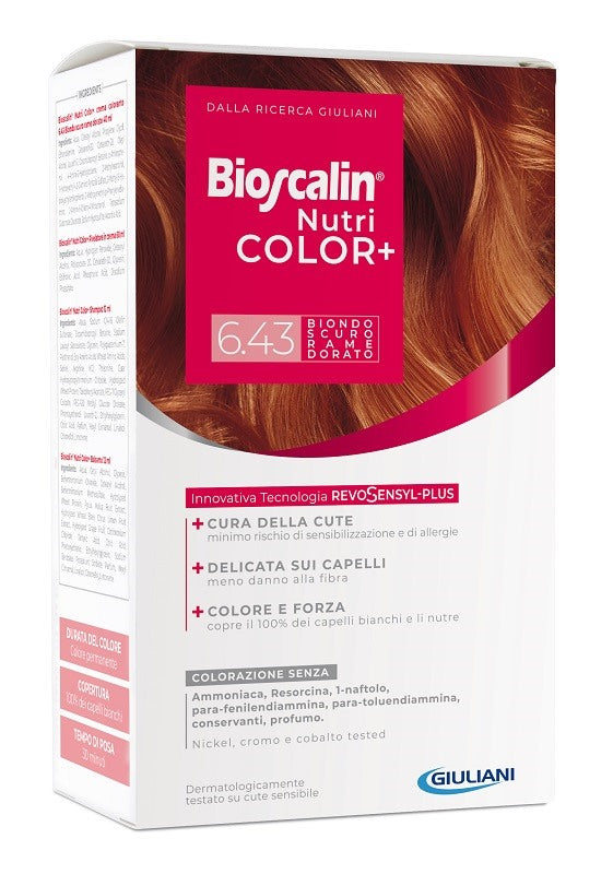 giuliani bioscalin nutricolor plus 643 biondo scuro rame dorato crema colorante 40 ml rivelatore crema 60 ml shampoo 12 ml trattamento finale balsamo 12 ml bioscalin