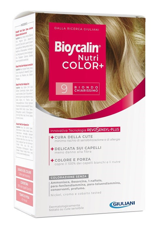 giuliani bioscalin nutricolor plus 9 biondo chiarissimo crema colorante 40 ml rivelatore crema 60 ml shampoo 12 ml trattamento finale balsamo 12 ml bioscalin