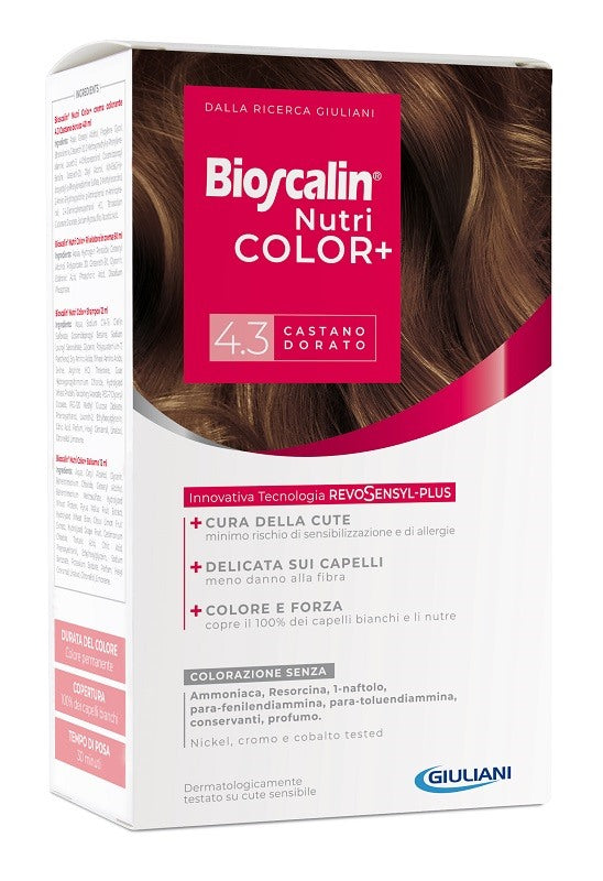 giuliani bioscalin nutricolor plus 43 castano dorato crema colorante 40 ml rivelatore crema 60 ml shampoo 12 ml trattamento finale balsamo 12 ml bioscalin