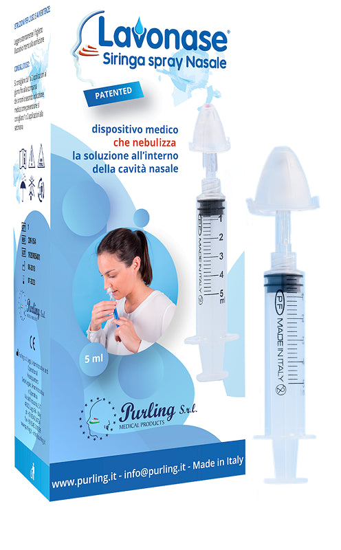 purling international lavonase siringa spray nasale non sterile 5 ml luer lock con cappuccio ugello nasale con raccordo luer lock perforatore con valvola non ritorno con tappo lavonase ean 8054609194341